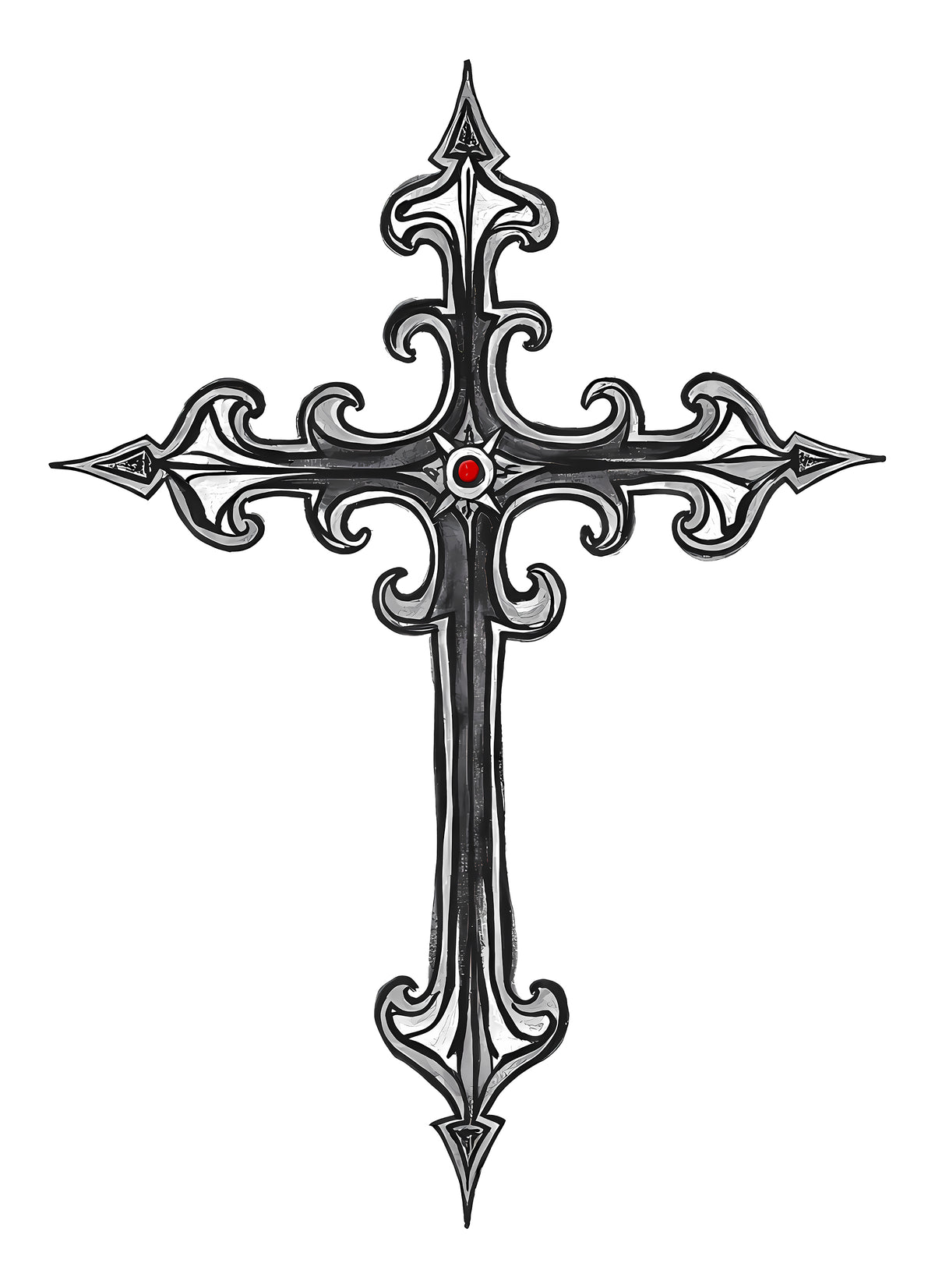 Ornate Silver Jeweled Cross Sketch - Crewneck Sweatshirt | Gothic-Style Christian Art