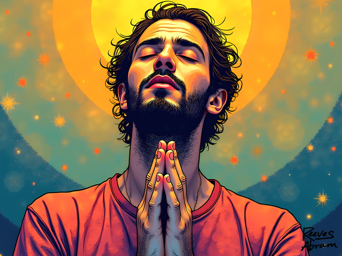 Praying Man - Serenity in Cosmic Light | Crewneck Sweatshirt | Christian Art | Faith-Inspired