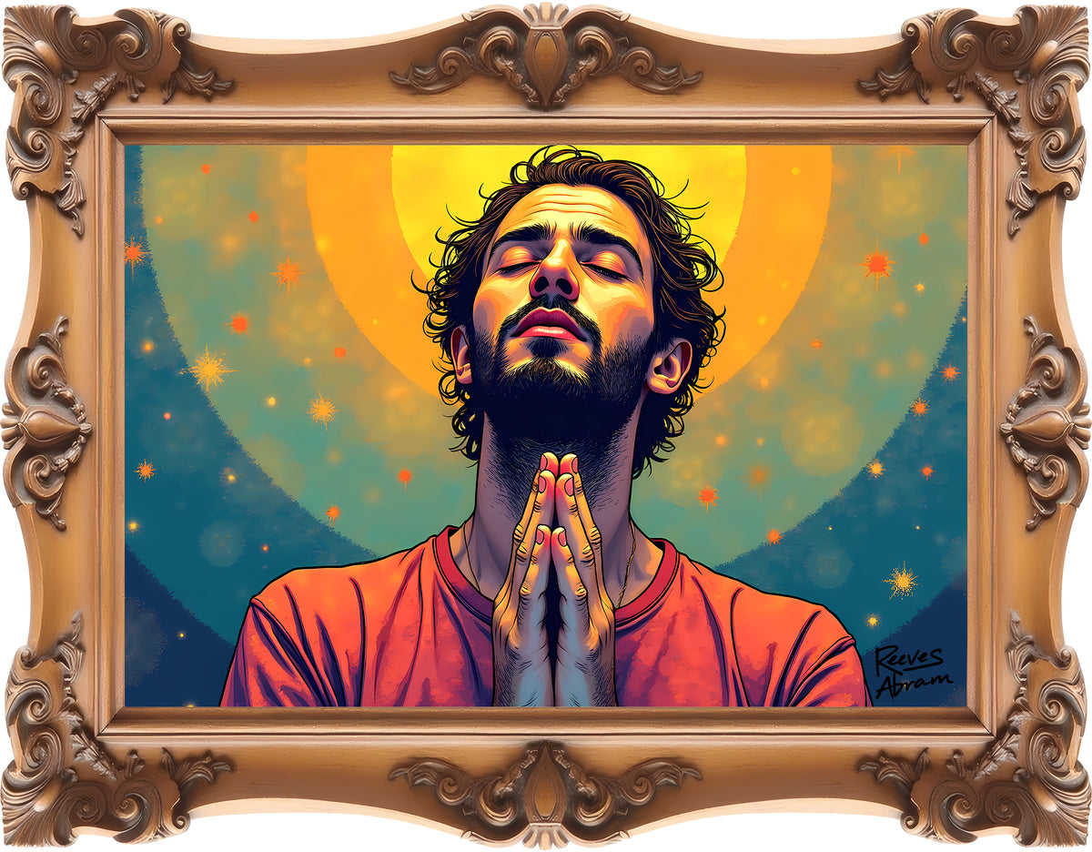 Praying Man - Serenity in Cosmic Light - Framed - T-Shirt | Religious Inspirational Tee, Prayer Artwork