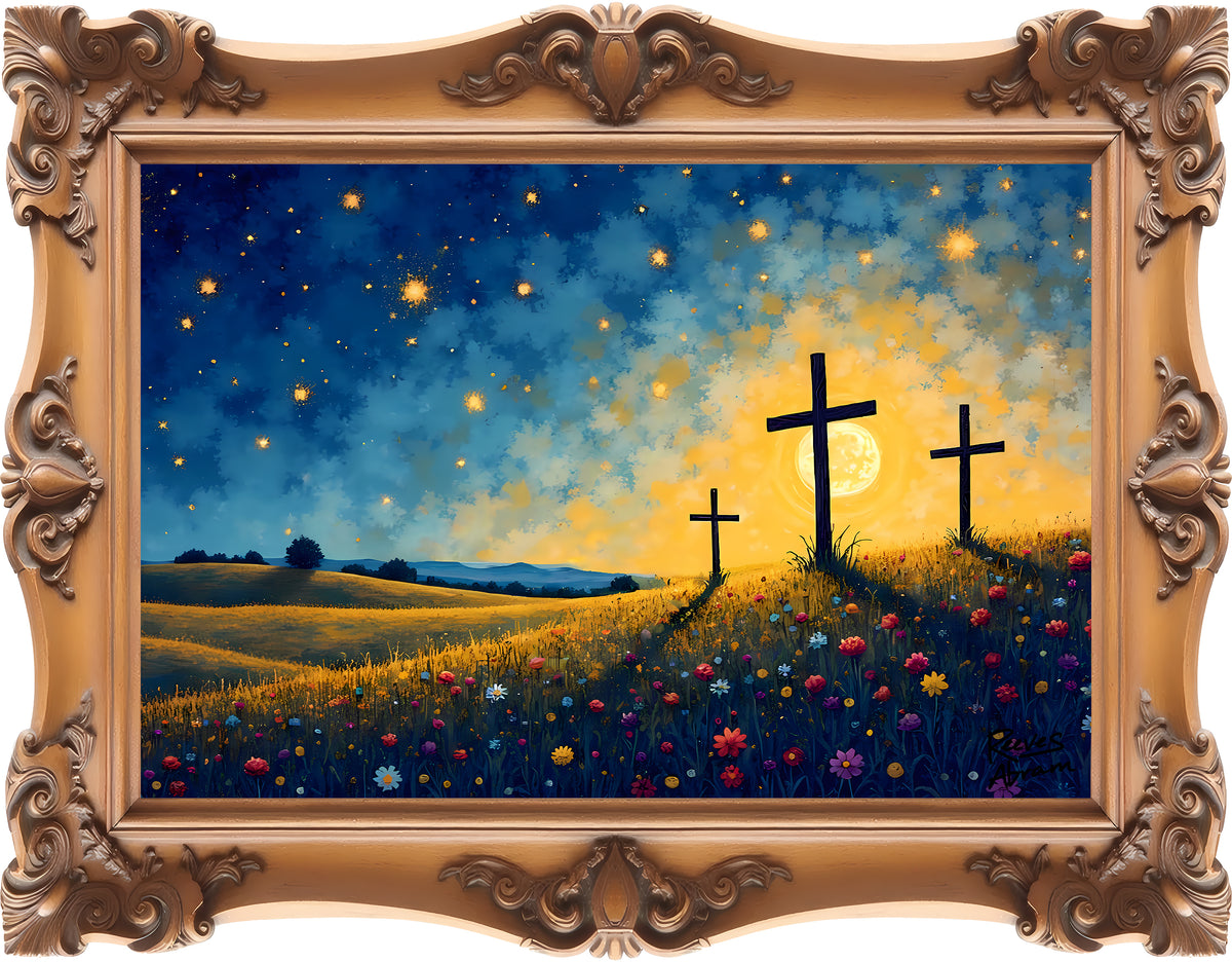 Three Crosses on Hill - Framed - T-Shirt | Religious Inspirational Tee, Jesus Faith Artwork