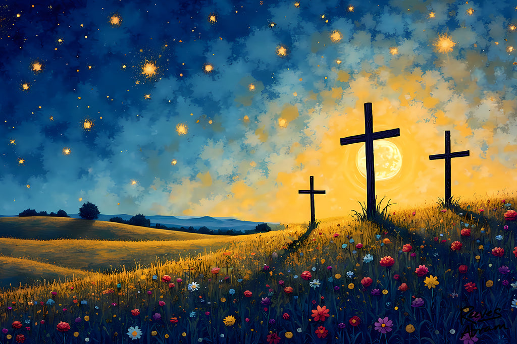 Three Crosses on Hill | 36" x 24" Canvas (Horizontal) | Christian Wall Art | Faith Home Decor | Floral Night Sky