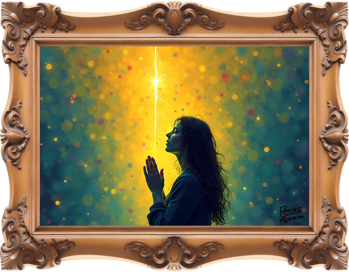 Woman in Prayer Under Magical Light - Framed - T-Shirt | Religious Inspirational Tee, Prayer Shirt