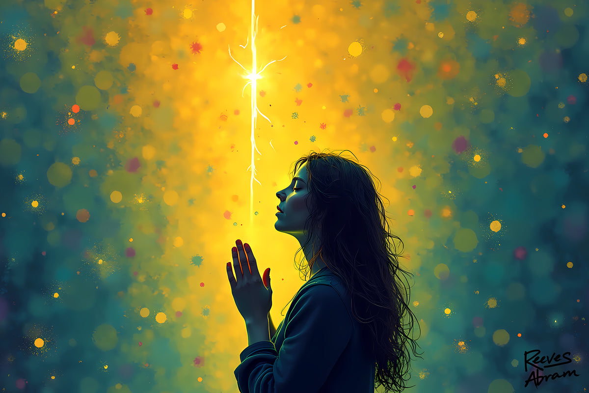 Woman in Prayer Under Magical Light | 36" x 24" Canvas (Horizontal) | Christian Pop Art | Faith Wall Decor
