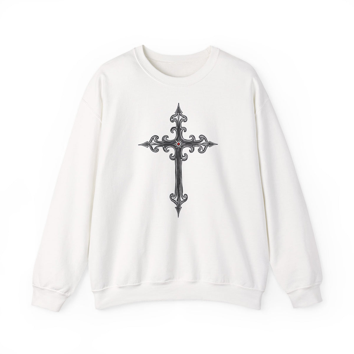 Ornate Silver Jeweled Cross Sketch - Crewneck Sweatshirt | Gothic-Style Christian Art
