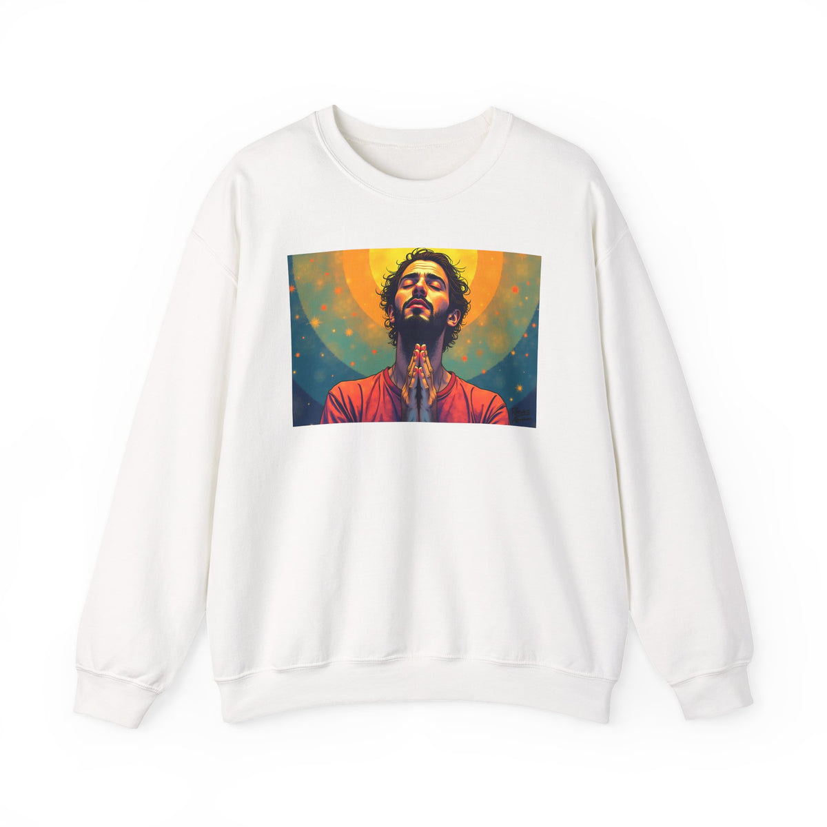 Praying Man - Serenity in Cosmic Light | Crewneck Sweatshirt | Christian Art | Faith-Inspired