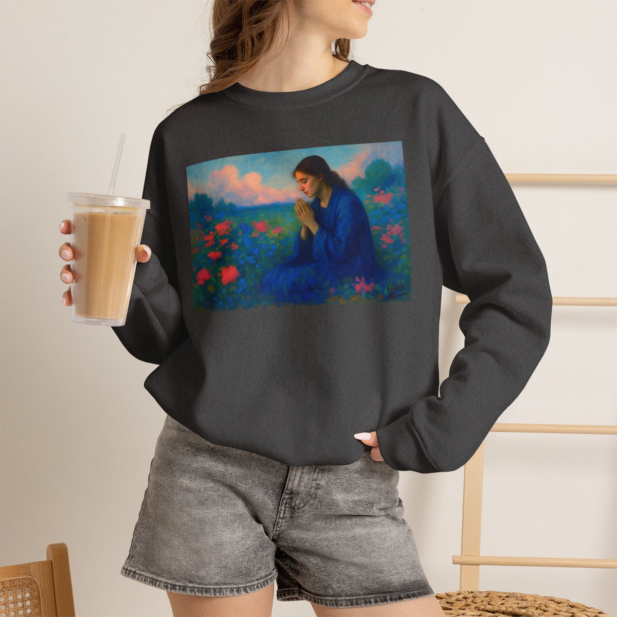 Praying Woman in Wildflowers | Crewneck Sweatshirt | Christian Art | Faith-Inspired