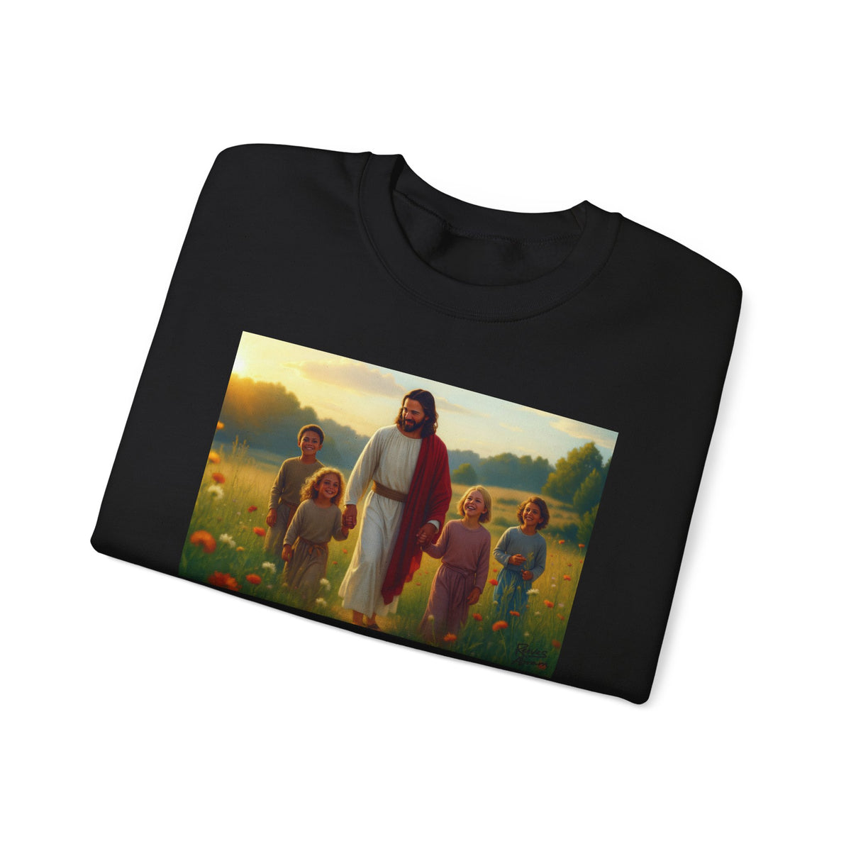 Jesus with Children in Wildflowers | Crewneck Sweatshirt | Christian Art | Faith-Inspired