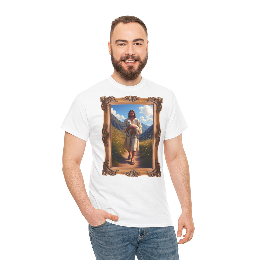 Jesus Carrying the Little Lamb - Framed - T-Shirt | Religious Inspirational Tee | The Good Shepherd Christian Art