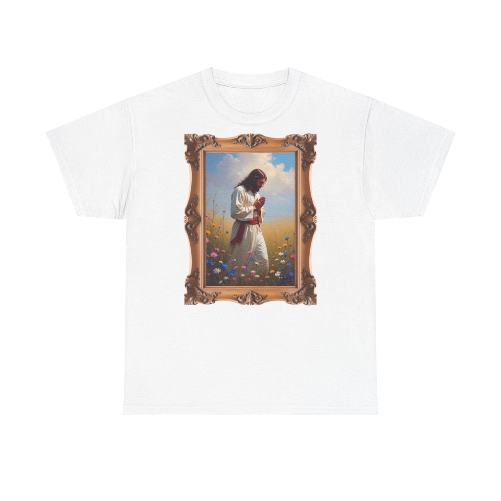 Jesus Praying in Meadow - Framed - T-Shirt | Religious Inspirational Tee, Prayer Shirt