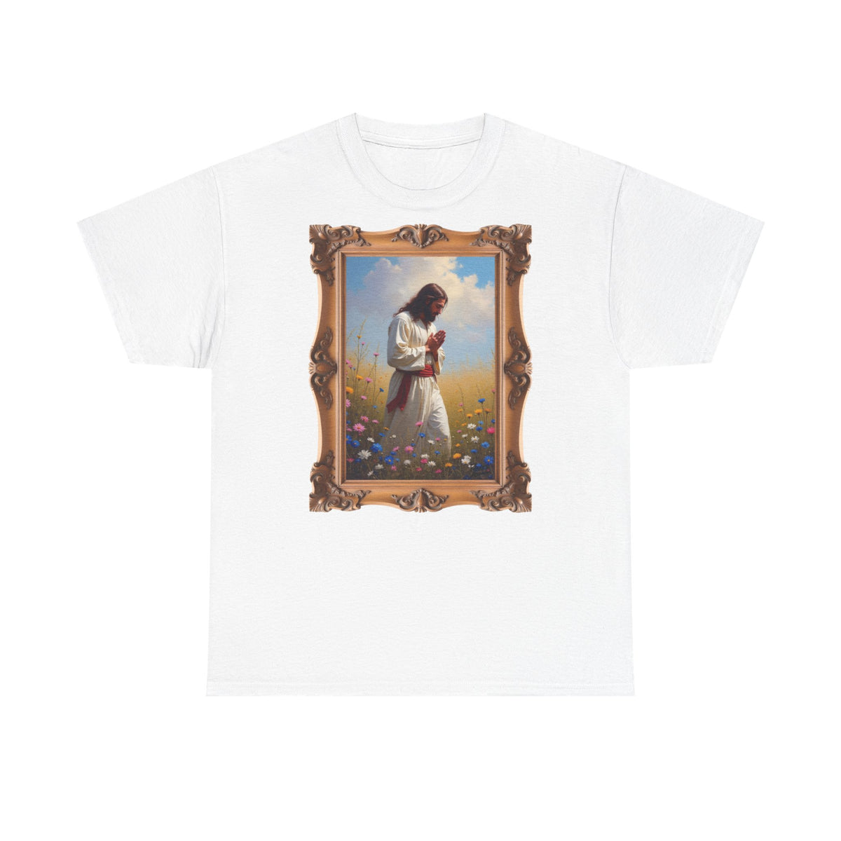 Jesus Praying in Meadow - Framed - T-Shirt | Religious Inspirational Tee, Prayer Shirt