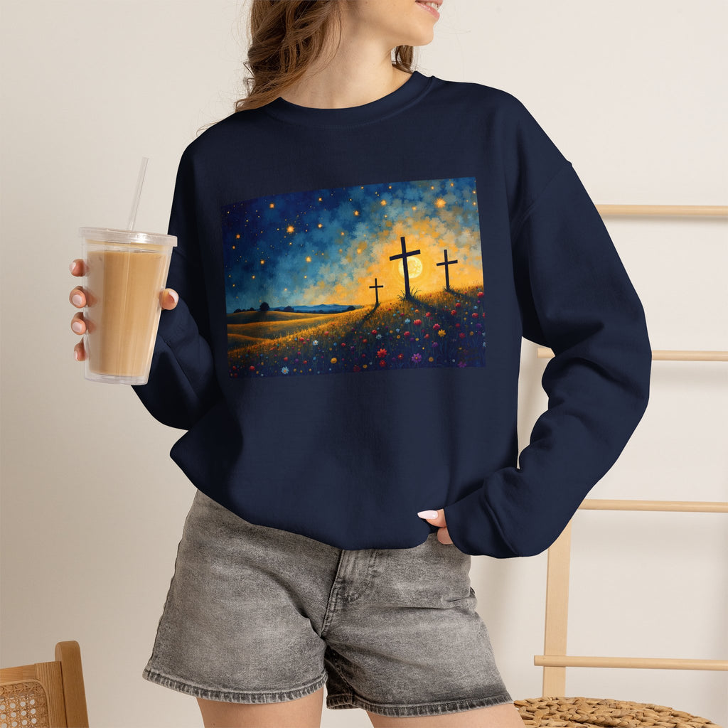 Three Crosses on Hill - Crewneck Sweatshirt | Bible Art