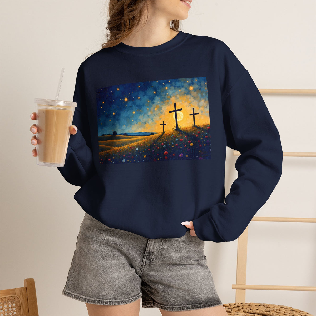 Three Crosses on Hill - Crewneck Sweatshirt | Bible Art