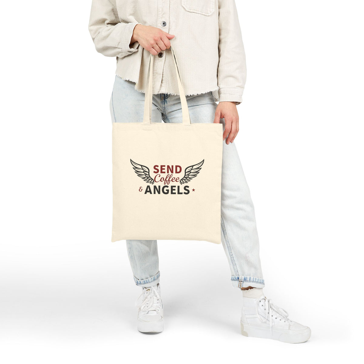 Send Coffee and Angels - Canvas Tote Bag - Bringing Faith and Humor to Mornings