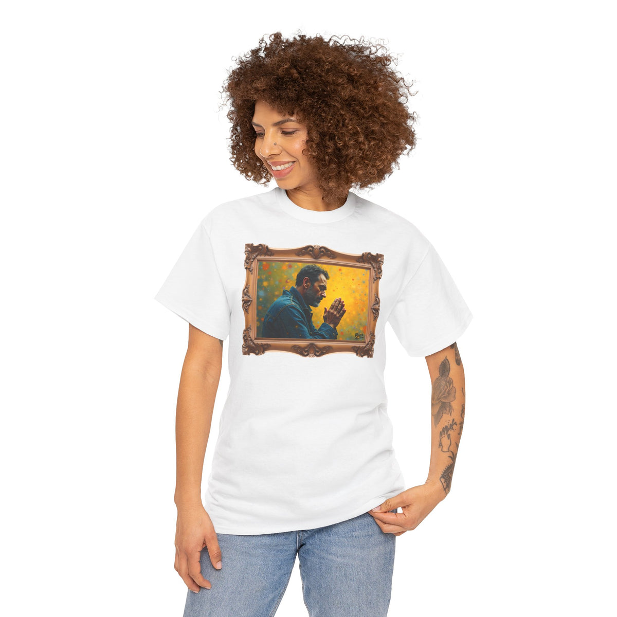 Man in Prayer - Framed - T-Shirt | Religious Inspirational Tee, Prayer Artwork