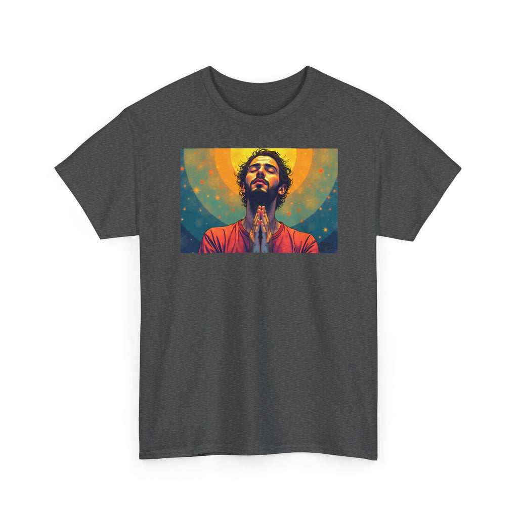 Praying Man - Serenity in Cosmic Light - T-Shirt | Religious Inspirational Tee, Prayer Artwork