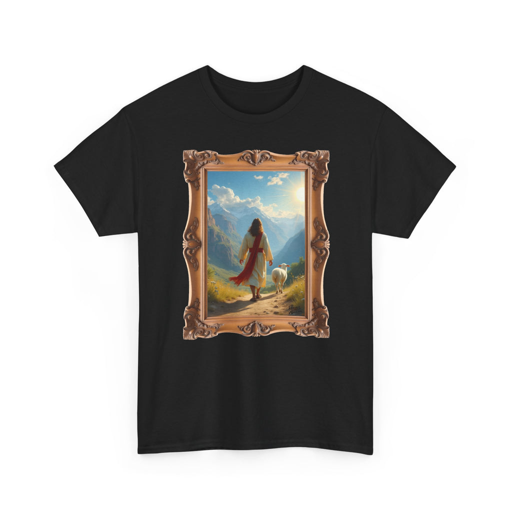 Jesus and the Lost Lamb - Framed - T-Shirt | Religious Inspirational Tee, Jesus in Bible Artwork