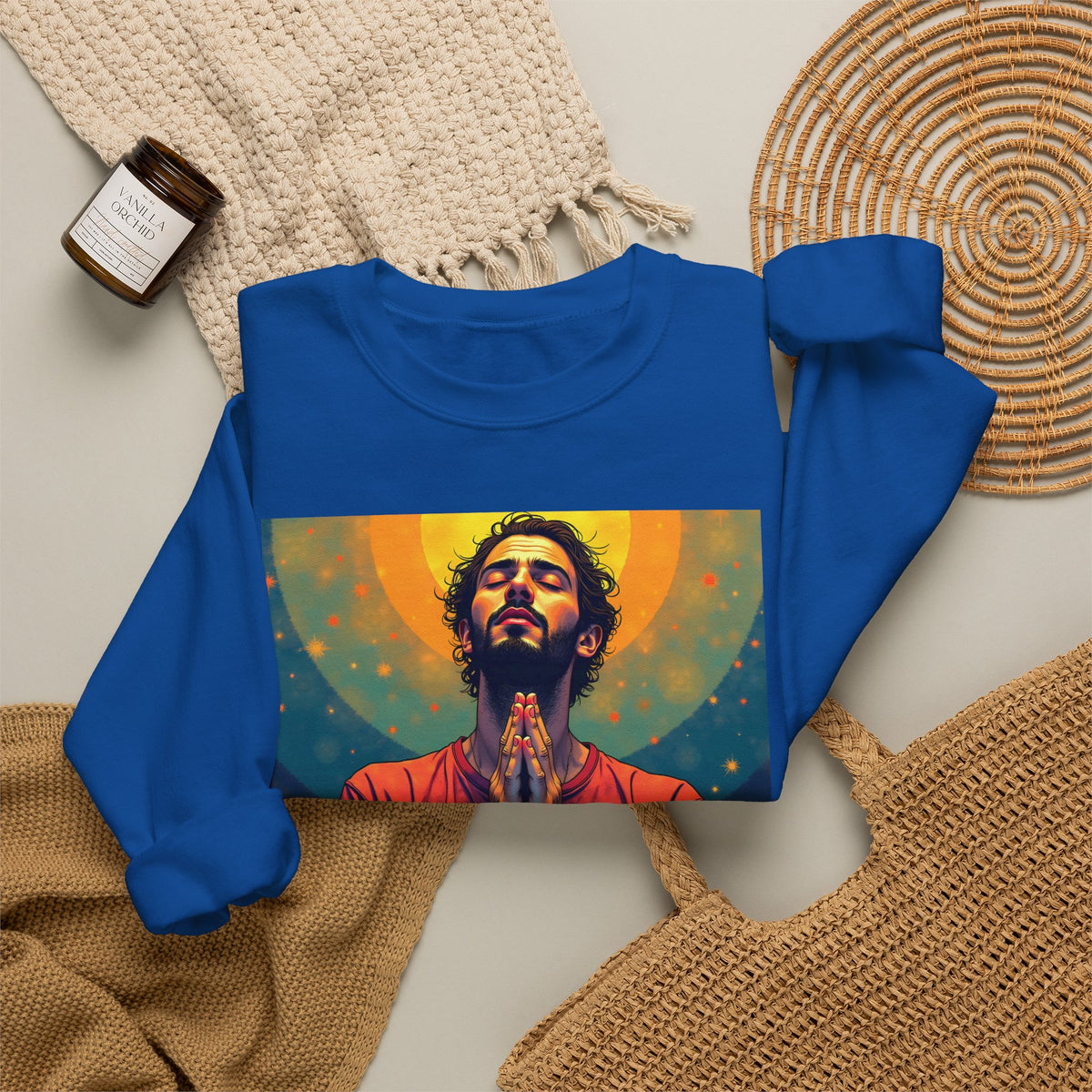 Praying Man - Serenity in Cosmic Light | Crewneck Sweatshirt | Christian Art | Faith-Inspired