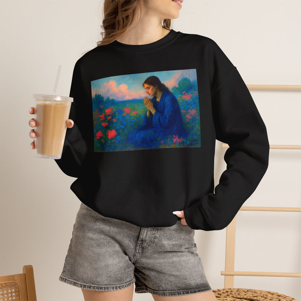 Praying Woman in Wildflowers | Crewneck Sweatshirt | Christian Art | Faith-Inspired
