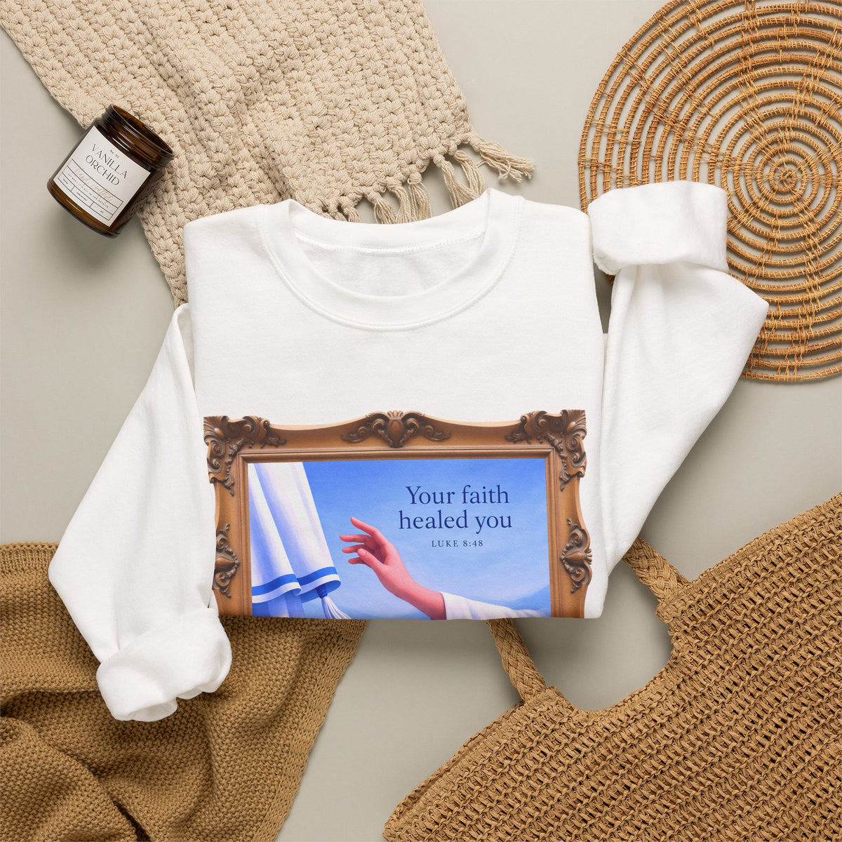 Your Faith Healed You (Luke 8:48) - Framed - Crewneck Sweatshirt | Bible Art