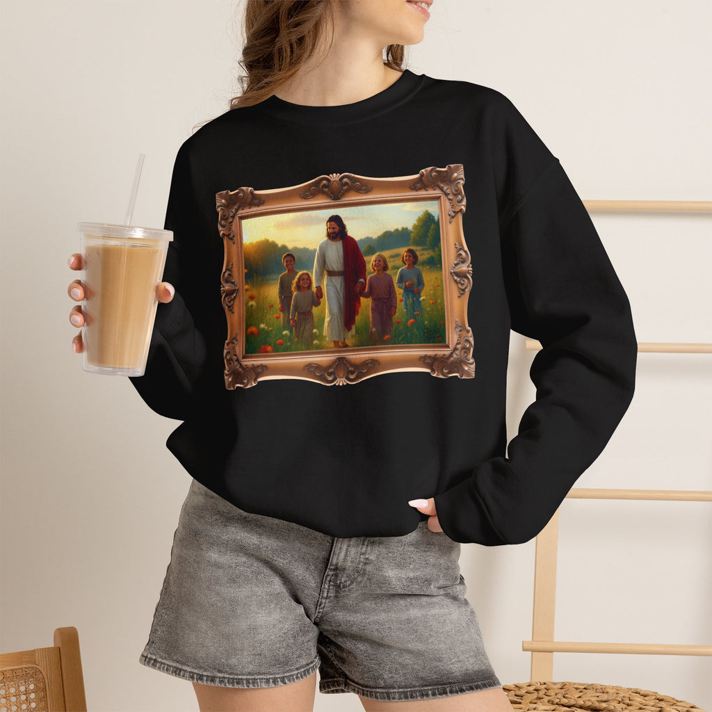 Jesus with Children in Wildflowers - Framed | Crewneck Sweatshirt | Christian Art | Faith-Inspired