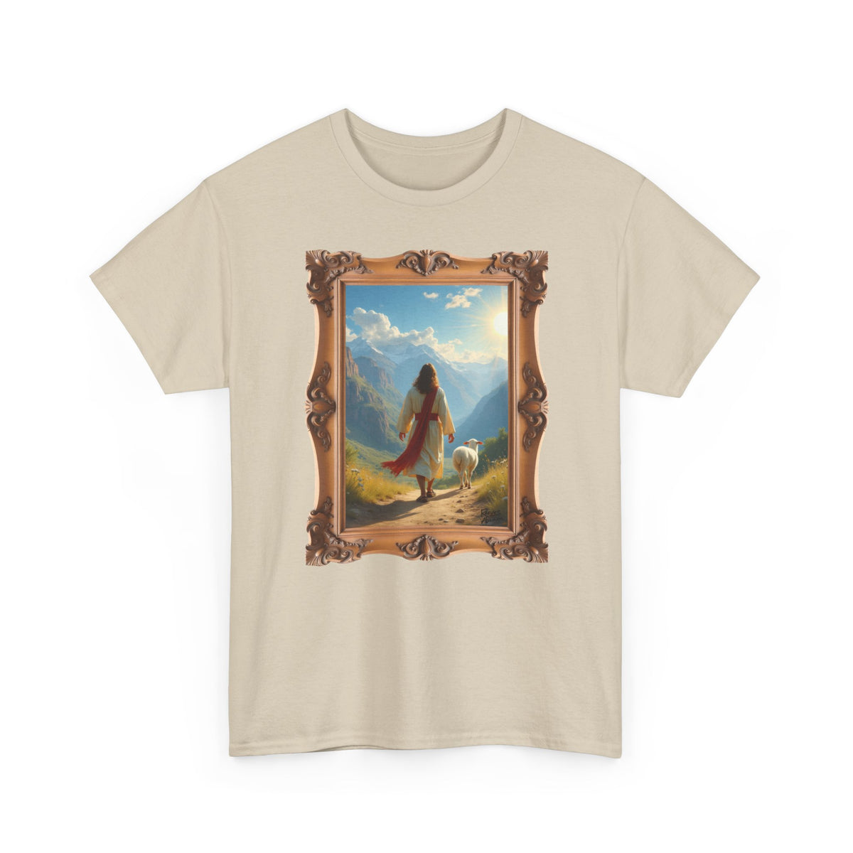 Jesus and the Lost Lamb - Framed - T-Shirt | Religious Inspirational Tee, Jesus in Bible Artwork