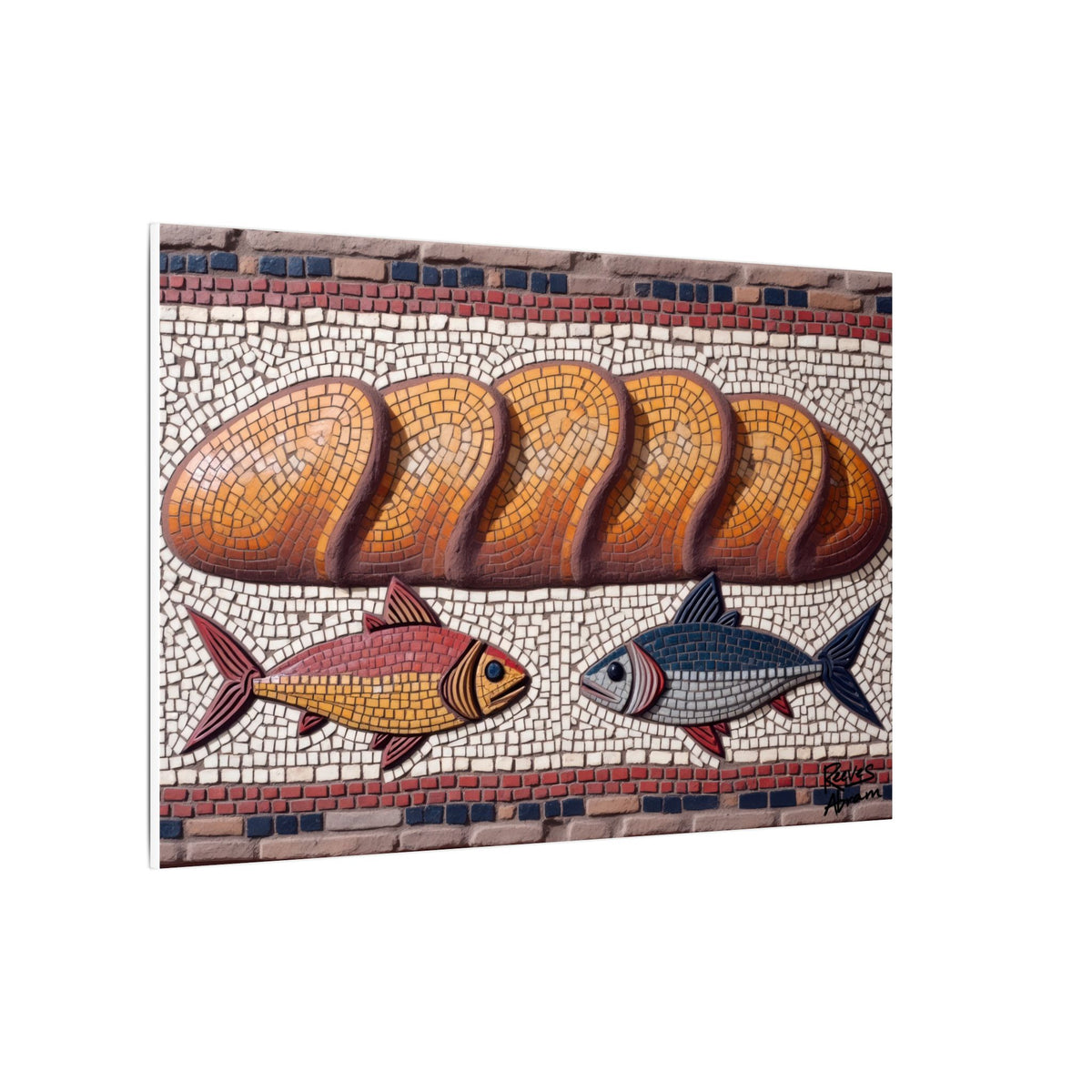 Five Loaves and Two Fish Mosaic Illustration | 36" x 24" Canvas (Horizontal) | Christian Faith Wall Decor - Roman-Era-Inspired Art