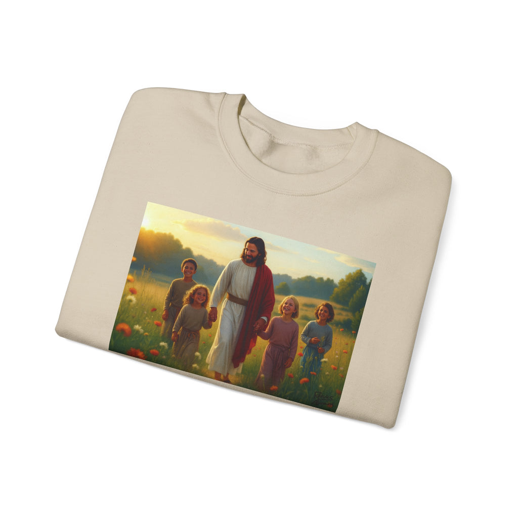 Jesus with Children in Wildflowers | Crewneck Sweatshirt | Christian Art | Faith-Inspired