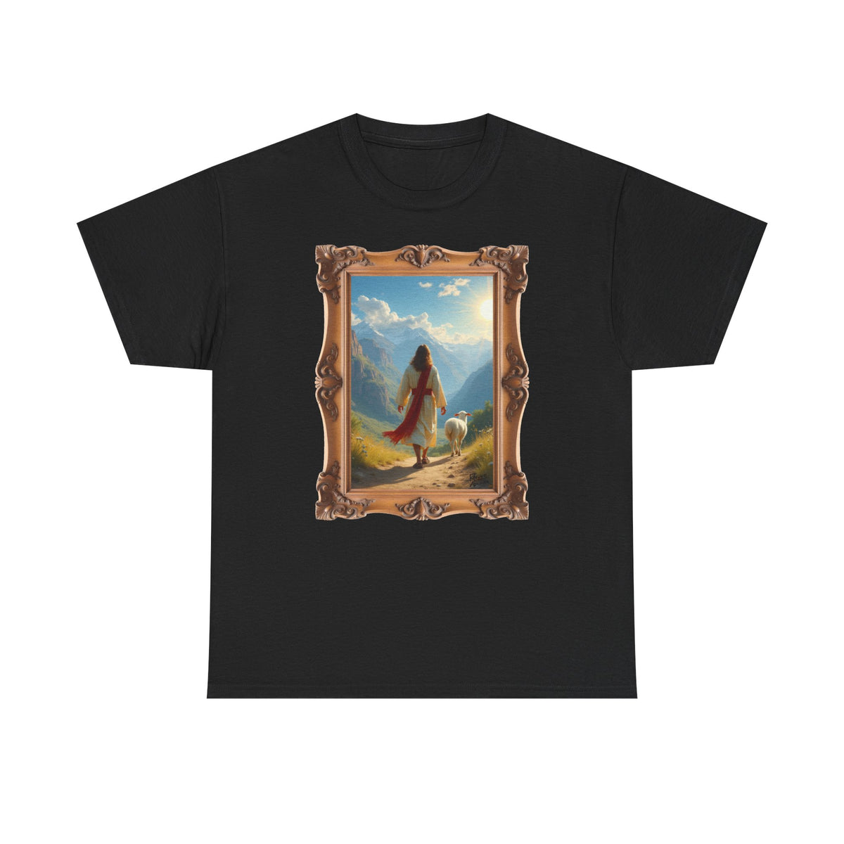 Jesus and the Lost Lamb - Framed - T-Shirt | Religious Inspirational Tee, Jesus in Bible Artwork