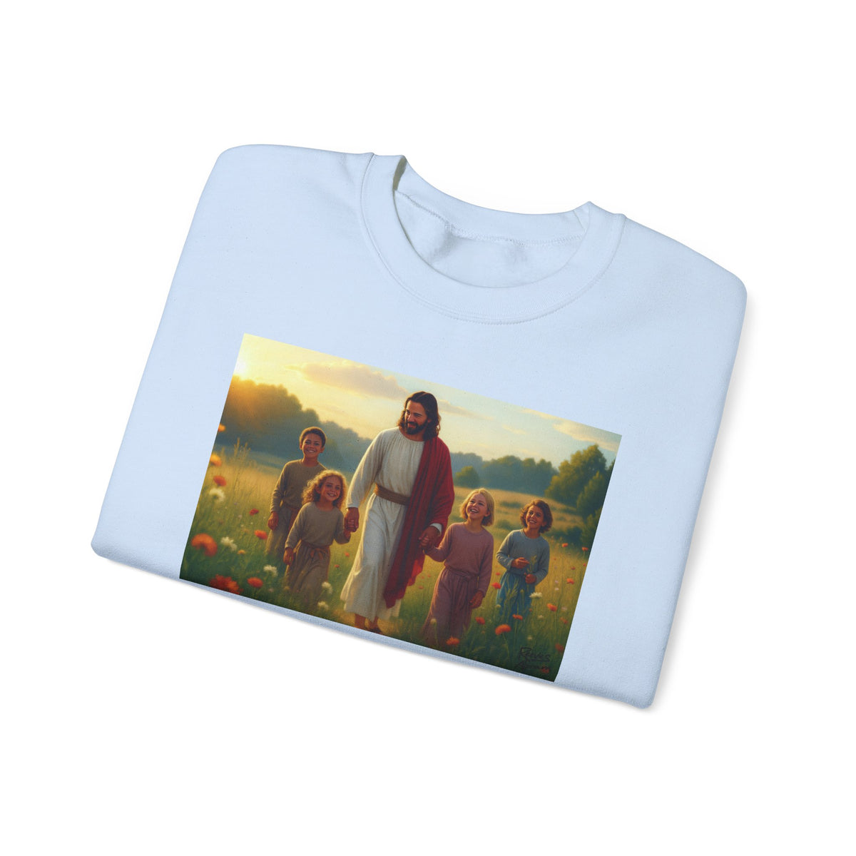 Jesus with Children in Wildflowers | Crewneck Sweatshirt | Christian Art | Faith-Inspired