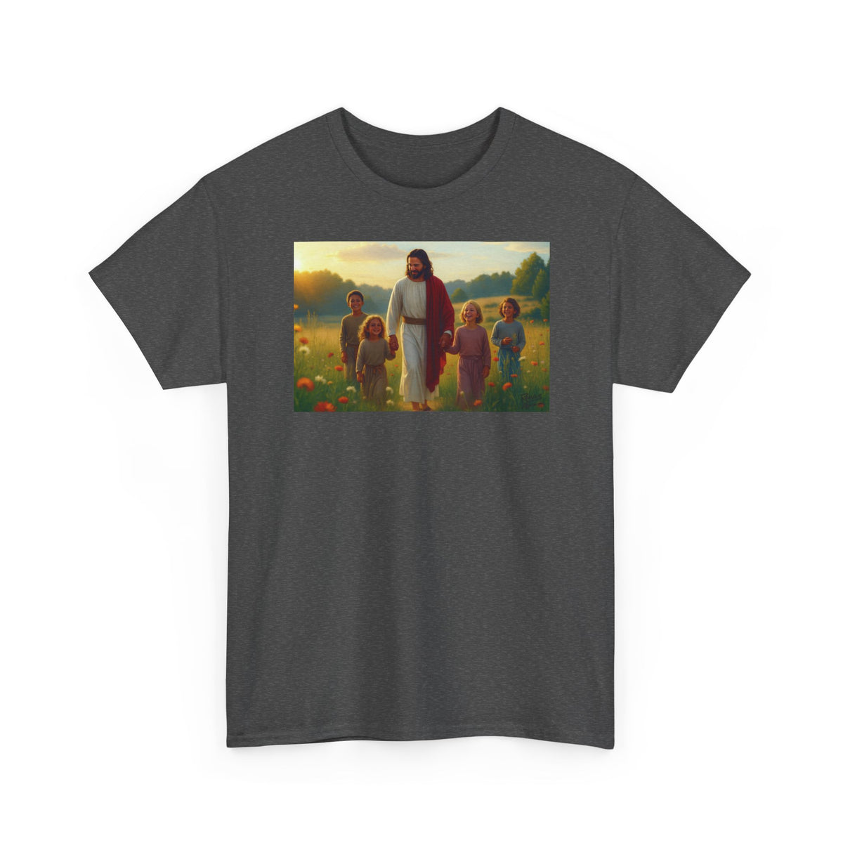 Jesus with Children in Wildflowers - T-Shirt | Religious Inspirational Tee, Prayer Artwork