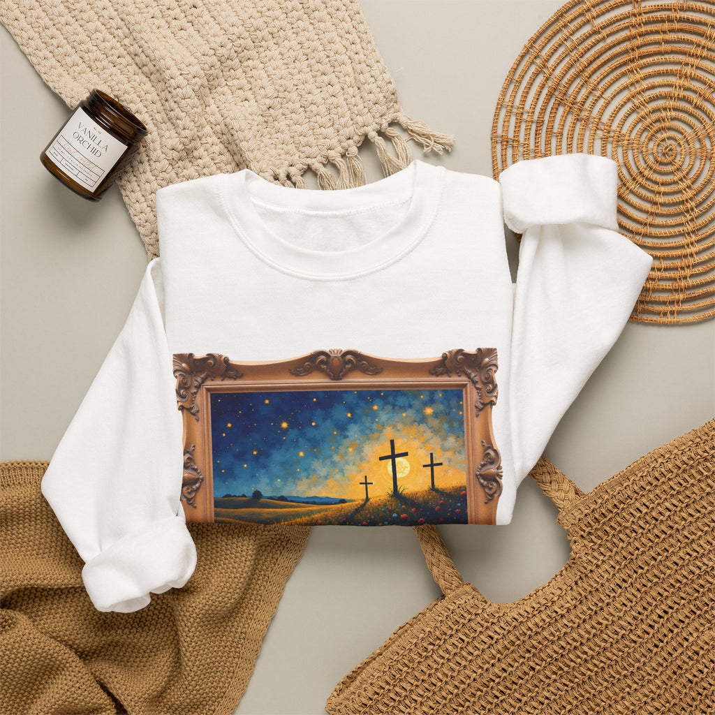 Three Crosses on Hill - Framed - Crewneck Sweatshirt | Bible Art