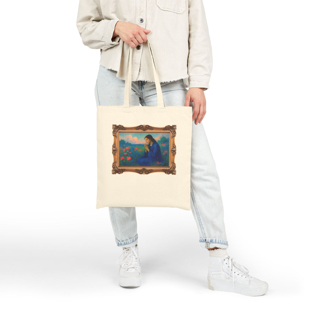 Praying Woman in Wildflowers - Framed - Canvas Tote Bag