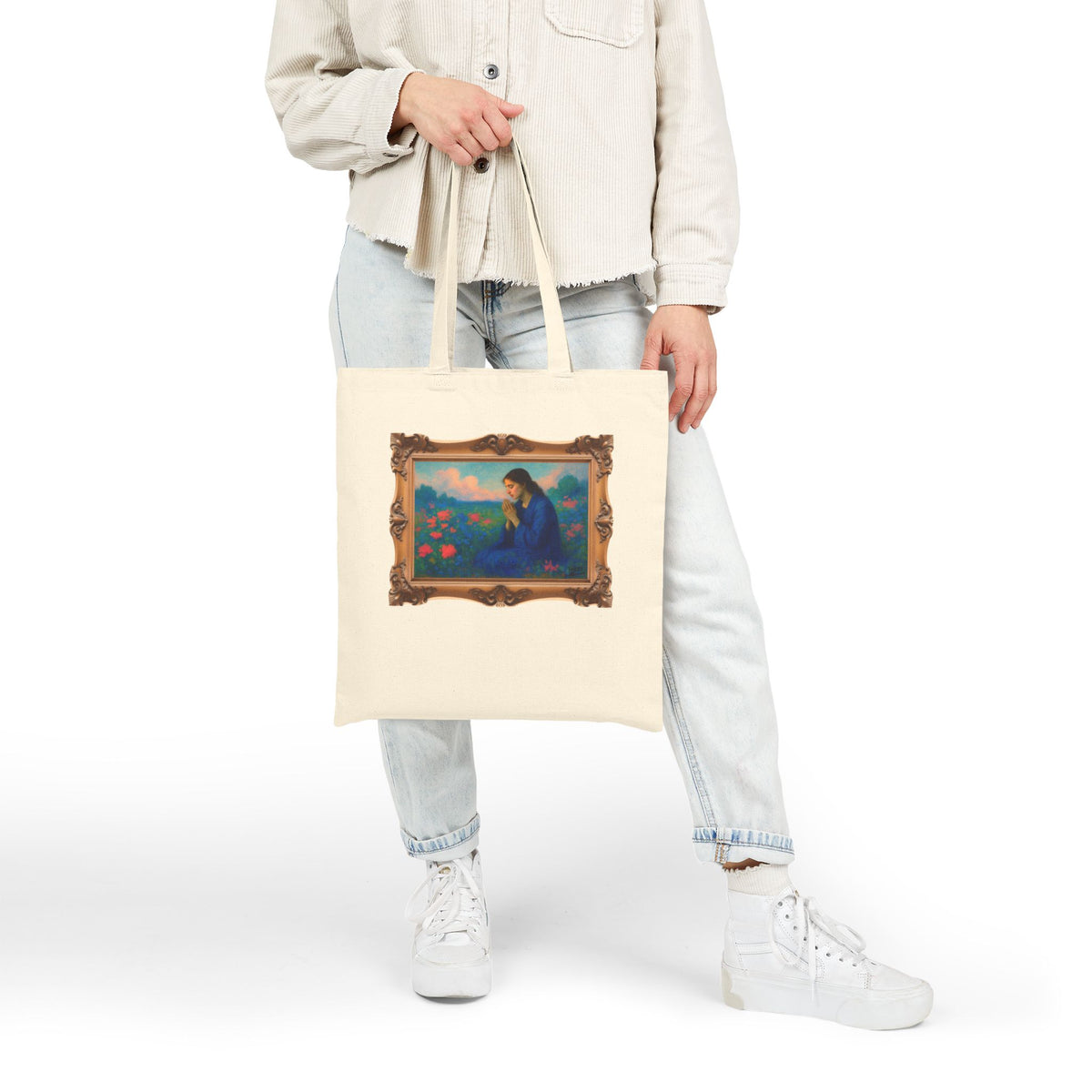 Praying Woman in Wildflowers - Framed - Canvas Tote Bag