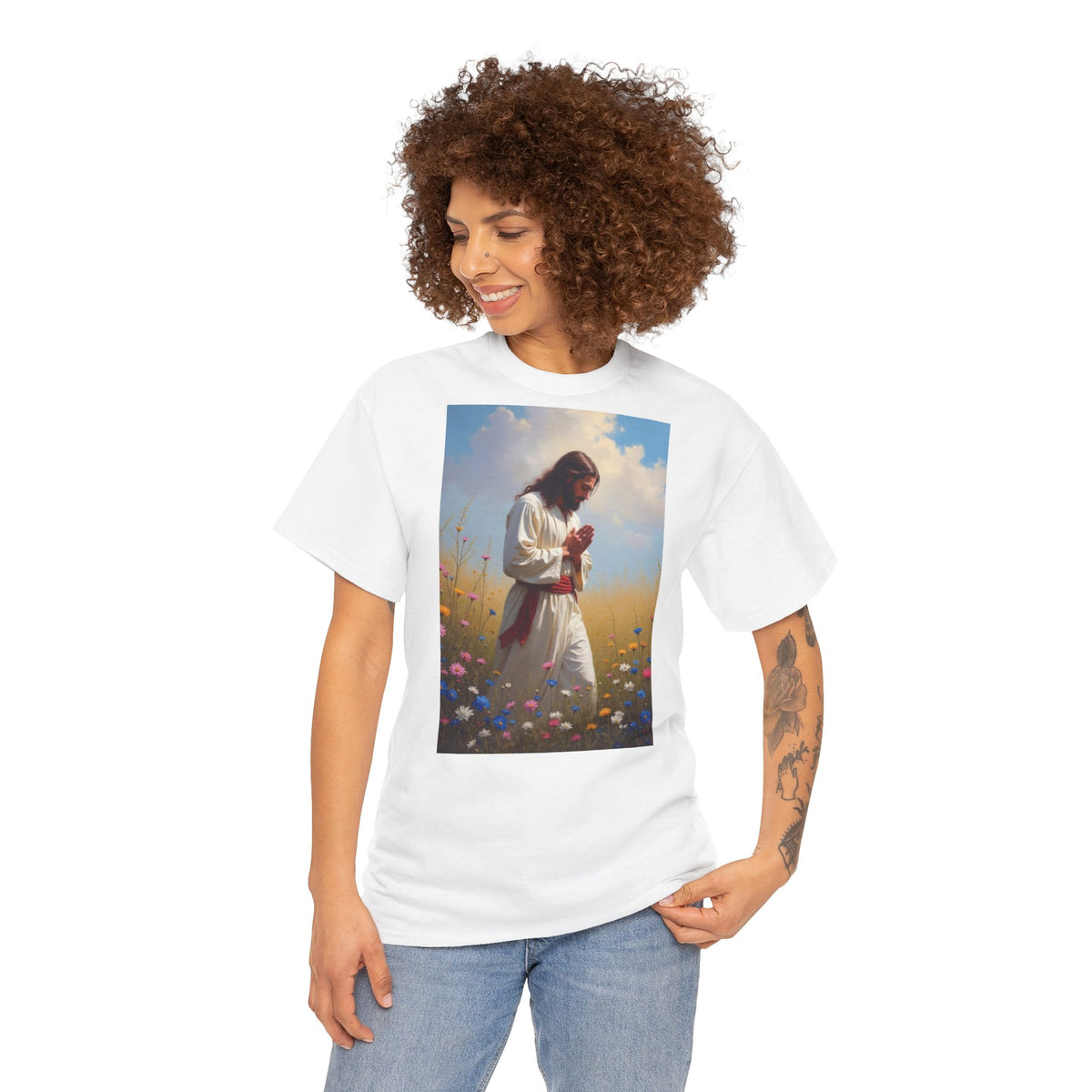 Jesus Praying in Meadow - T-Shirt | Religious Inspirational Tee, Prayer Shirt