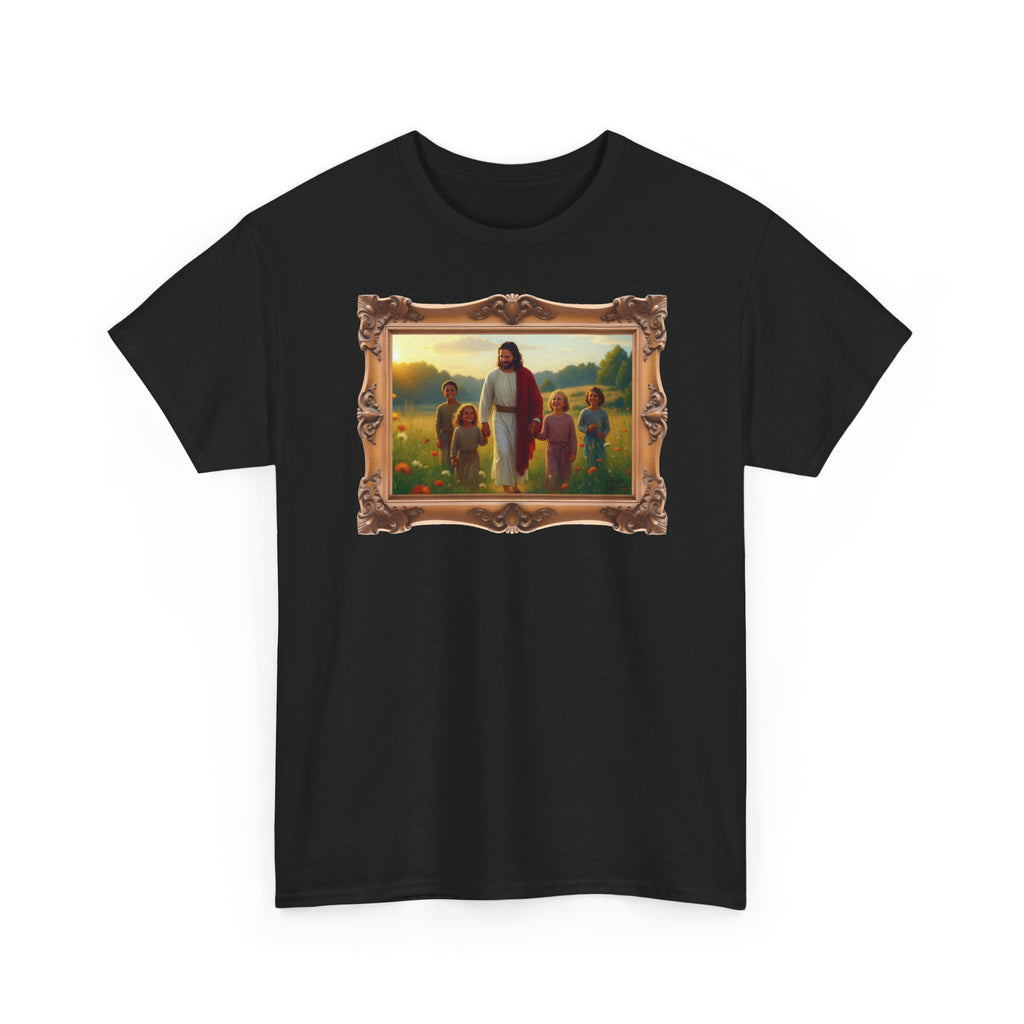 Jesus with Children in Wildflowers - Framed - T-Shirt | Religious Inspirational Tee, Prayer Artwork
