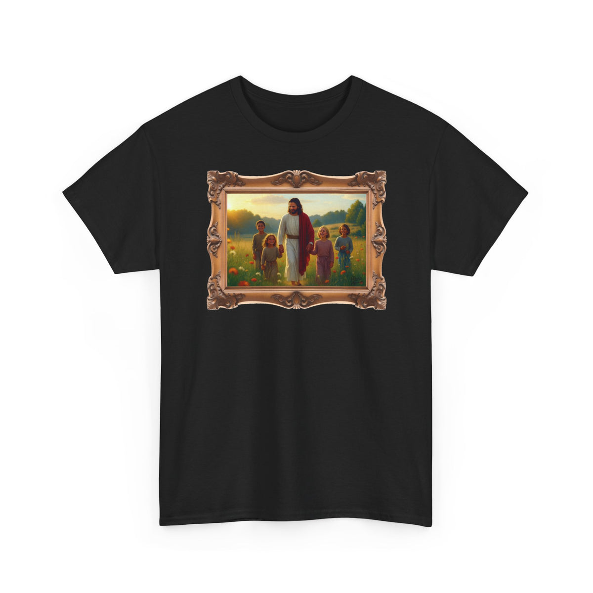 Jesus with Children in Wildflowers - Framed - T-Shirt | Religious Inspirational Tee, Prayer Artwork