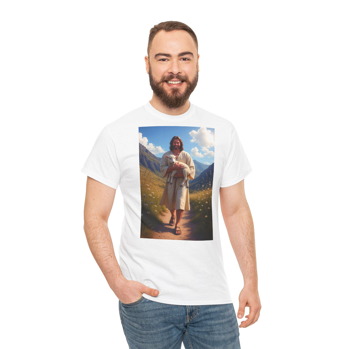 Jesus Carrying the Little Lamb - T-Shirt | Religious Inspirational Tee | The Good Shepherd Christian Art