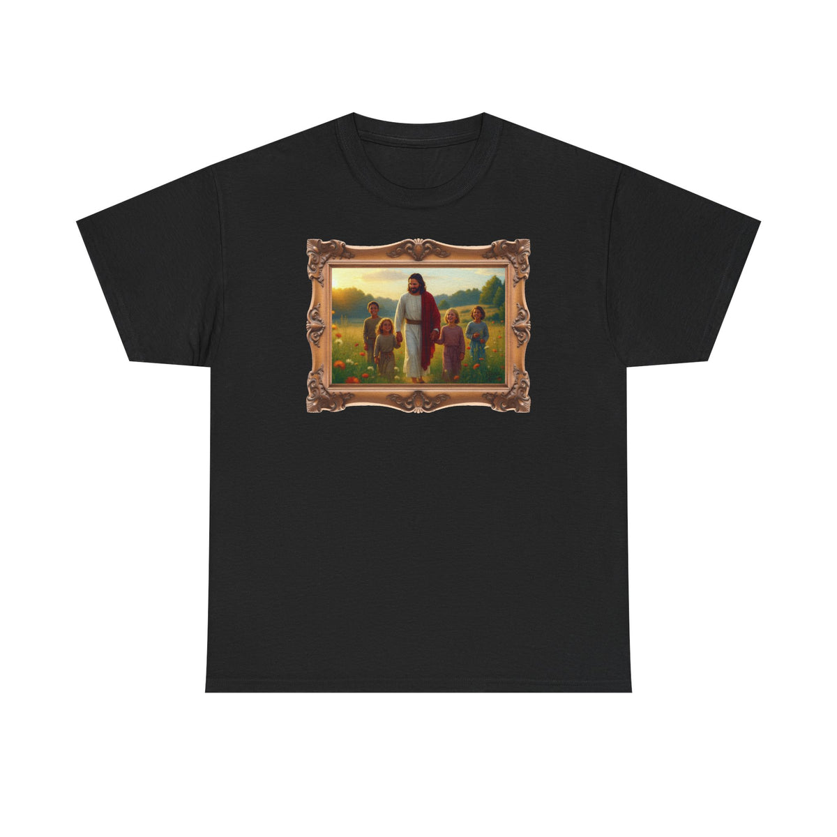 Jesus with Children in Wildflowers - Framed - T-Shirt | Religious Inspirational Tee, Prayer Artwork