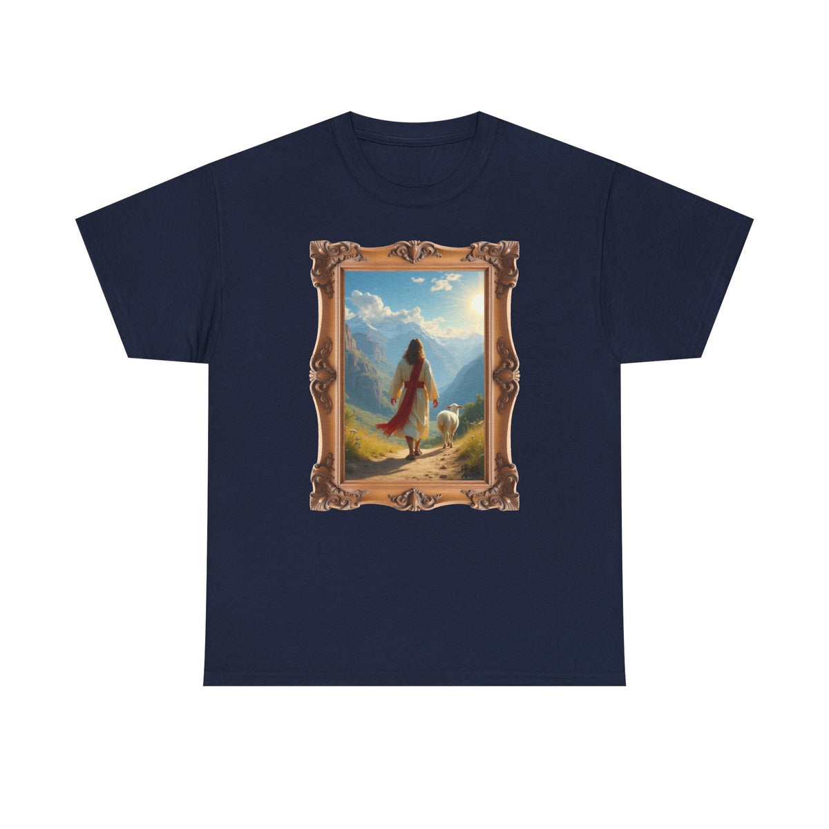 Jesus and the Lost Lamb - Framed - T-Shirt | Religious Inspirational Tee, Jesus in Bible Artwork