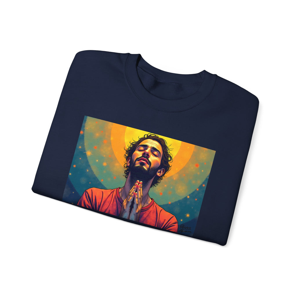 Praying Man - Serenity in Cosmic Light | Crewneck Sweatshirt | Christian Art | Faith-Inspired