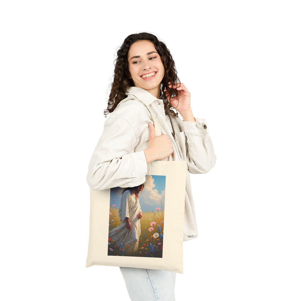 Jesus Among Wildflowers - Canvas Tote Bag - Christ Walking Prayerfully