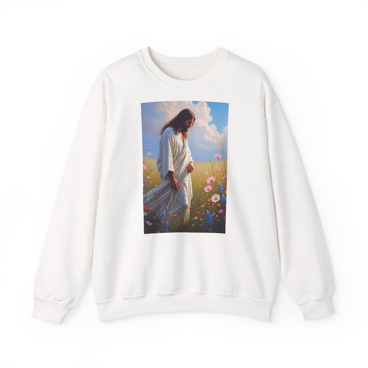 Jesus Among Wildflowers - Crewneck Sweatshirt | Christ Walking Prayerfully