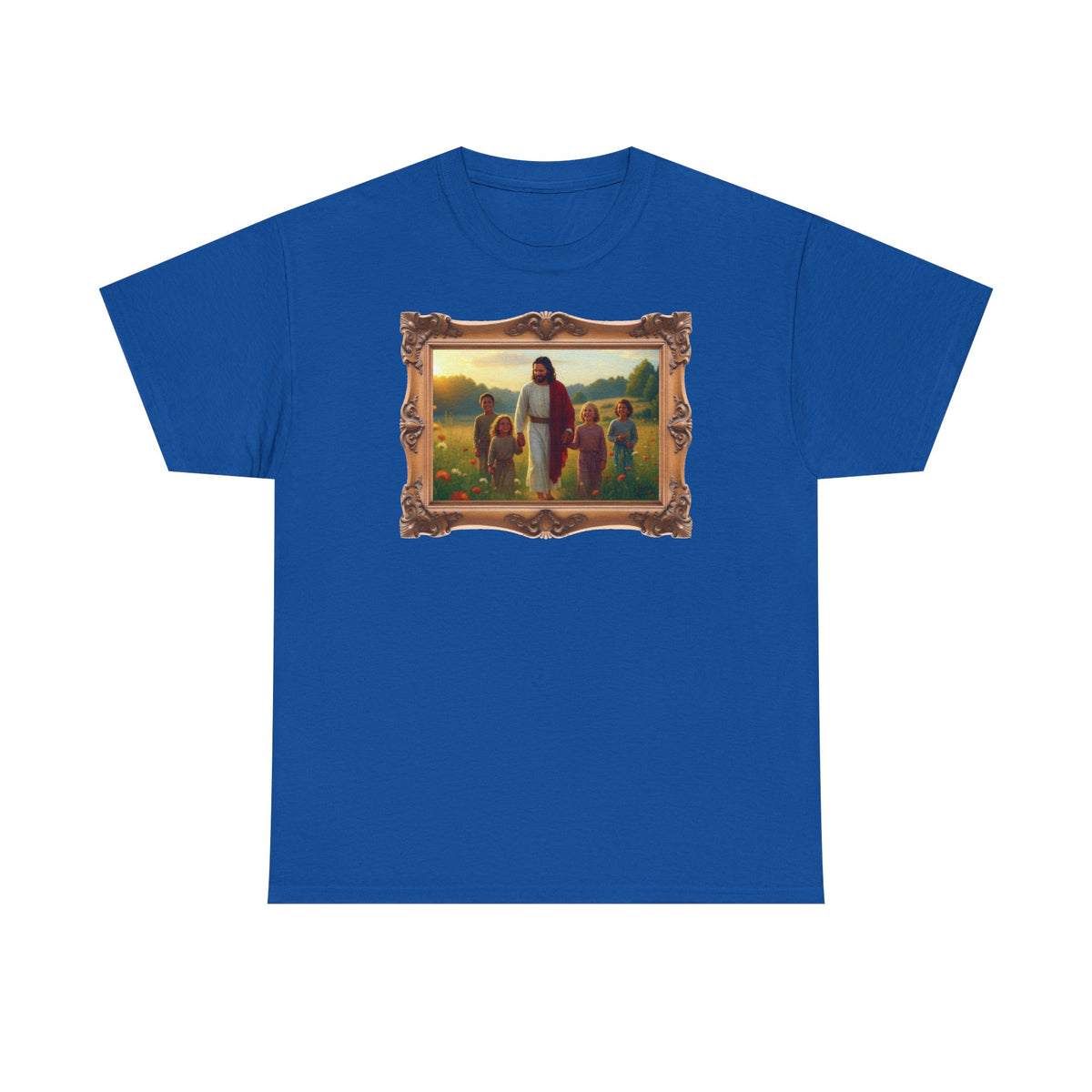 Jesus with Children in Wildflowers - Framed - T-Shirt | Religious Inspirational Tee, Prayer Artwork