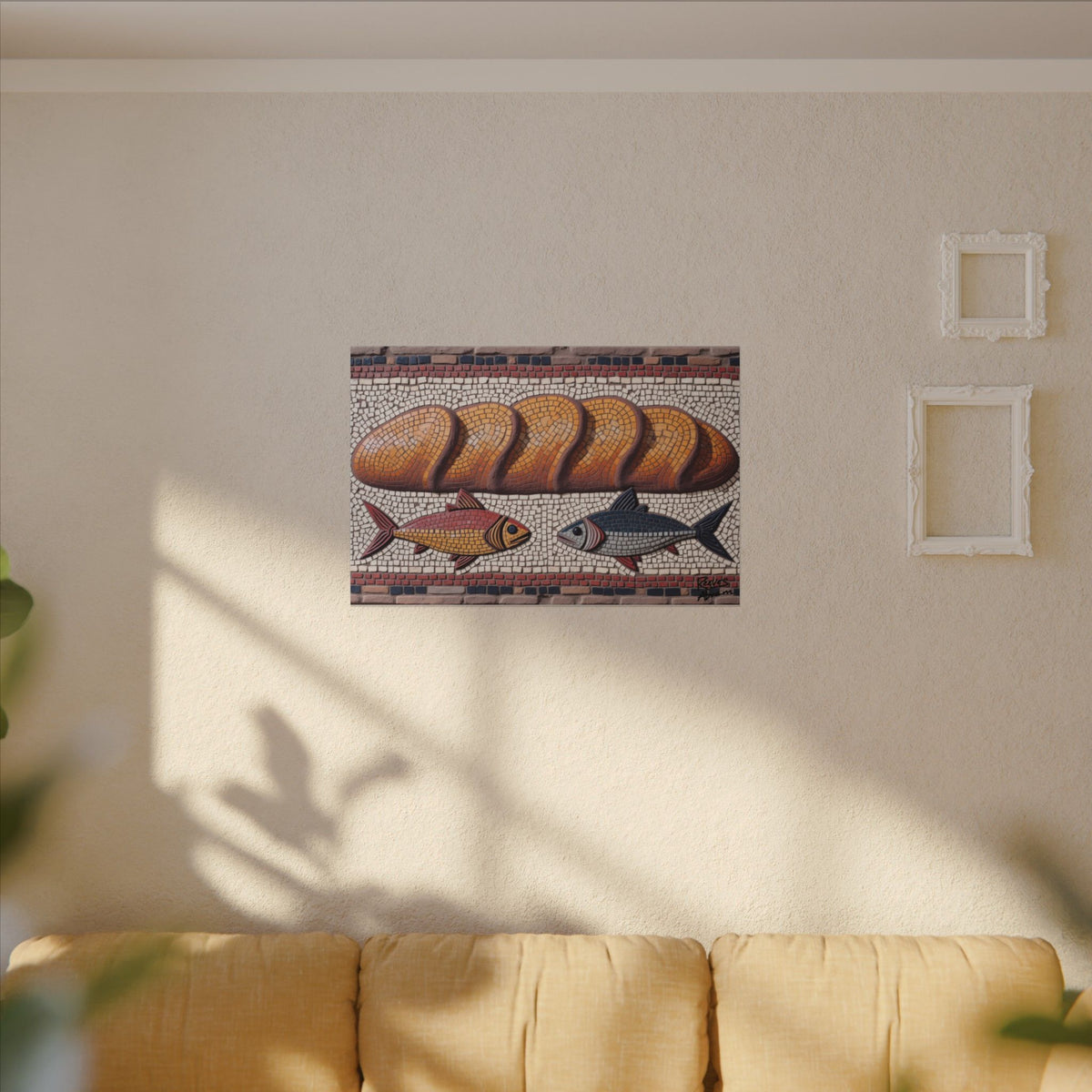 Five Loaves and Two Fish Mosaic Illustration | 36" x 24" Canvas (Horizontal) | Christian Faith Wall Decor - Roman-Era-Inspired Art