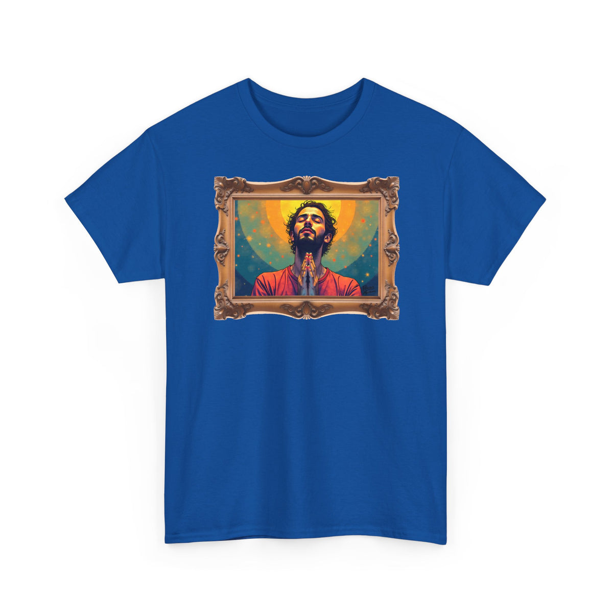 Praying Man - Serenity in Cosmic Light - Framed - T-Shirt | Religious Inspirational Tee, Prayer Artwork