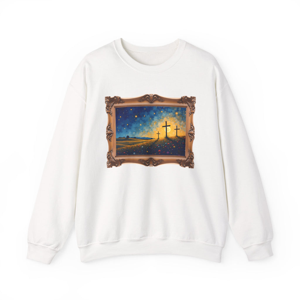 Three Crosses on Hill - Framed - Crewneck Sweatshirt | Bible Art