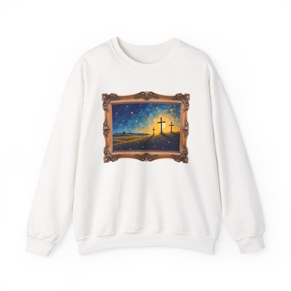 Three Crosses on Hill - Framed - Crewneck Sweatshirt | Bible Art
