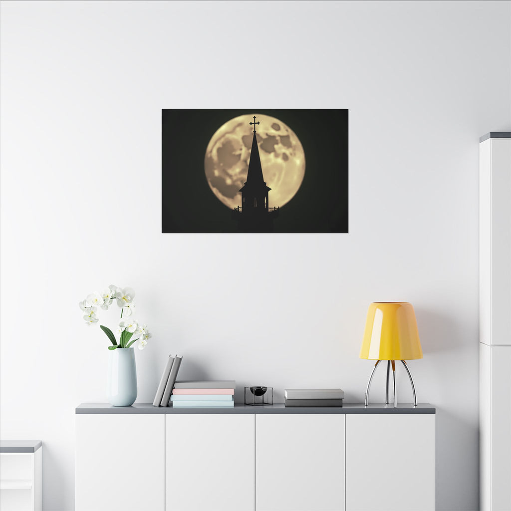 Moonlit Church Steeple | 36" x 24" Canvas (Horizontal) | Christian Wall Art | Faith Home Decor