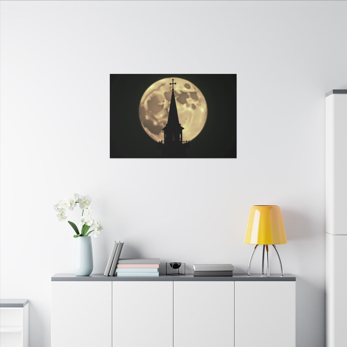 Moonlit Church Steeple | 36" x 24" Canvas (Horizontal) | Christian Wall Art | Faith Home Decor