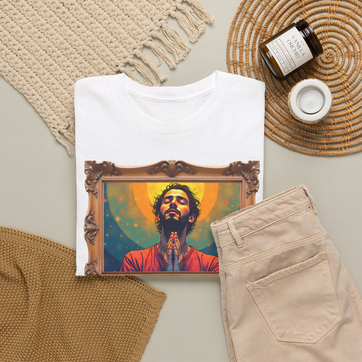 Praying Man - Serenity in Cosmic Light - Framed - T-Shirt | Religious Inspirational Tee, Prayer Artwork